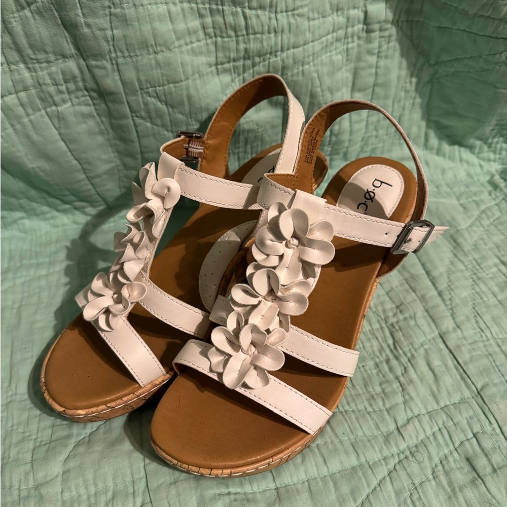 b.o.c. Cream and Tan Floral Wedge Sandals